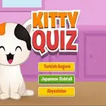 Kreslená kočka s oranžovo-černými skvrnami v růžové místnosti vedle nápisu Kitty Quiz a tří barevných tlačítek s názvy kočičích plemen