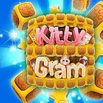 Barevná grafika s nápisem Kitty Gram obklopená kostkami a jiskřivými hvězdami na modrém pozadí