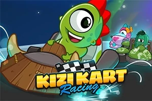 Zelené kreslené stvoření s velkýma očima řídí motokáru, obklopené dalšími barevnými postavami, s textem Kizi Kart Racing