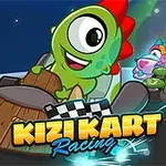 Zelené kreslené stvoření s velkýma očima řídí motokáru, obklopené dalšími barevnými postavami, s textem Kizi Kart Racing
