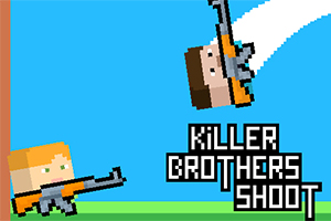 Dva pixeloidní postavy s puškami na modrém pozadí s nápisem Killer Brothers Shoot