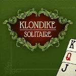 Název Klondike Solitaire ozdobně zobrazený na zeleném pozadí s detailními hracími kartami Král, Dáma, Spodek, Pětka a Čtyřka