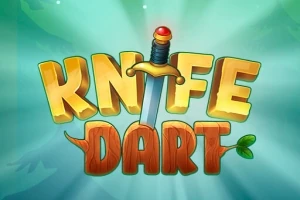 Nápis KNIFE DART s mečem zasazeným mezi slova na světle modrém pozadí