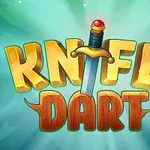 Nápis KNIFE DART s mečem zasazeným mezi slova na světle modrém pozadí