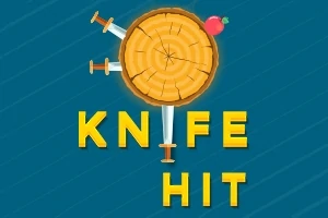 Dřevěný terč se zapíchnutými noži a jablkem, text KNIFE HIT na modrém pozadí