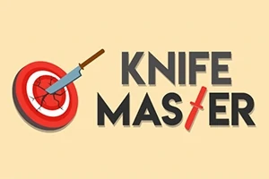 Ilustrace znázorňuje dřevěný terč s nožem a vedle něj text Knife Master s nápadně vloženým nožem místo písmene F