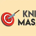 Ilustrace znázorňuje dřevěný terč s nožem a vedle něj text Knife Master s nápadně vloženým nožem místo písmene F
