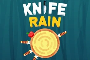 Nápis KNIFE RAIN nad dřevěným terčem s noži kolem dokola a červené jablko vlevo