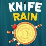 Nápis KNIFE RAIN nad dřevěným terčem s noži kolem dokola a červené jablko vlevo