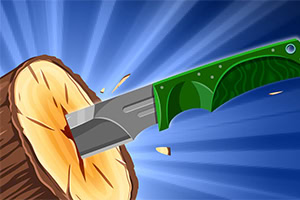 Nůž s zelenou rukojetí zapíchnutý do dřevěného špalku na modrém pozadí