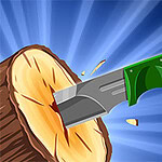 Nůž s zelenou rukojetí zapíchnutý do dřevěného špalku na modrém pozadí