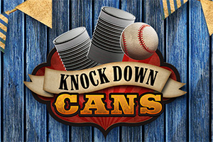 Nápis Knock Down Cans s obrázkem plechovek a baseballového míče na dřevěném pozadí