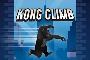 Silueta gorily šplhající po zdi s nápisem KONG CLIMB na pozadí městských budov