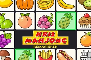 Ilustrace s ovocem, sladkostmi a nápisem Kris Mahjong Remastered v barevných dlaždicích