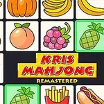 Ilustrace s ovocem, sladkostmi a nápisem Kris Mahjong Remastered v barevných dlaždicích