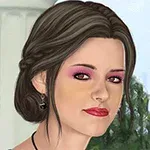 Žena s tmavě hnědými vlasy a růžovým očním stínem stojí před sloupy s přírodním pozadím