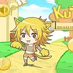 Roztomilá chibi postava s kočičími ušima a ocáskem stojí na cestě v karikaturní vesnici s nápisy a ovládacími tlačítky kolem ní