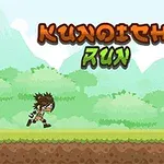 Postava běžící krajinou s názvem Kunoichi Run v horní části