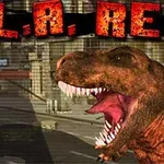 Tyrannosaurus rex s otevřenou tlamou ve městě s titulkem L