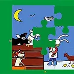 Animované zvířecí postavy na farmě s částí obrázku chybějící kvůli skládačce