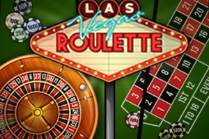 Kasinová ruleta s barevným kolem a žetony na zeleném plátně s nápisem Las Vegas Roulette