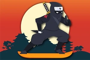 Ninja na skateboardu před západem slunce s japonskou krajinou na pozadí