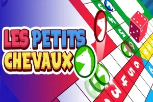Barevná herní deska s figurkami a kostkou, nápisem Les Petits Chevaux