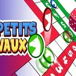 Barevná herní deska s figurkami a kostkou, nápisem Les Petits Chevaux