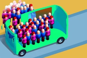 Barevný kreslený autobus plný malých postaviček na silnici