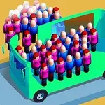 Barevný kreslený autobus plný malých postaviček na silnici