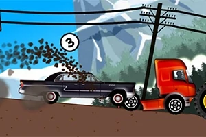 Černé auto s číslem 3 jede za červeným náklaďákem na venkovské silnici, přičemž uniká oblaka kouře, s přírodou a elektrickým vedením v pozadí