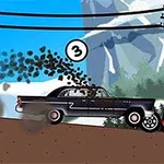 Černé auto s číslem 3 jede za červeným náklaďákem na venkovské silnici, přičemž uniká oblaka kouře, s přírodou a elektrickým vedením v pozadí