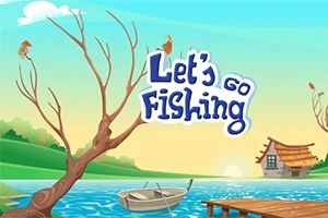 Animovaná krajina s jezerní scénou, loďkou, dřevěným molem a stromem, s nápisem Lets Go Fishing