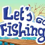 Animovaná krajina s jezerní scénou, loďkou, dřevěným molem a stromem, s nápisem Lets Go Fishing