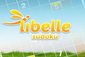 Název libelle sudoku v oranžovém písmu na pozadí s čísly a trávou ve spodní části