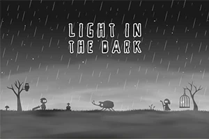 Siluety postav a zvířat v deštivé, potemnělé krajině s nápisem Light in the Dark