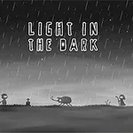 Siluety postav a zvířat v deštivé, potemnělé krajině s nápisem Light in the Dark