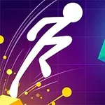 Bílá silueta postavy skáče směrem k tyrkysové krychli na tmavofialovém pozadí s abstraktními žlutými prvky