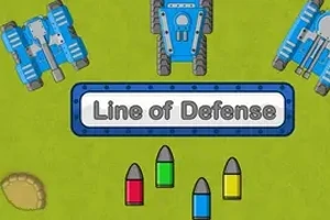 Modrá vojenská vozidla a barevné náboje na zeleném pozadí s nápisem Line of Defense