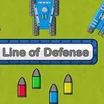 Modrá vojenská vozidla a barevné náboje na zeleném pozadí s nápisem Line of Defense