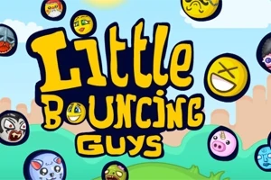 Nápis Little Bouncing Guys se žlutým textem na pozadí modré oblohy s kreslenými emotikony a krajinou