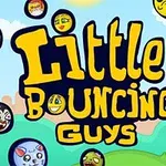 Nápis Little Bouncing Guys se žlutým textem na pozadí modré oblohy s kreslenými emotikony a krajinou