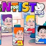 Barevný obrázek s kreslenými postavami dětí se jmény a nápisem Little Dentist for Kids nahoře
