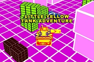 Žlutý tank na mřížkované fialové podlaze obklopený kostkami různých barev s textem Little Yellow Tank Adventure