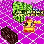 Žlutý tank na mřížkované fialové podlaze obklopený kostkami různých barev s textem Little Yellow Tank Adventure