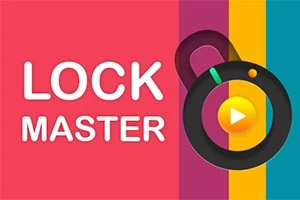 Nápis LOCK MASTER vedle barevného kruhu s ikonkou přehrávání na pestrobarevném pozadí