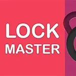 Nápis LOCK MASTER vedle barevného kruhu s ikonkou přehrávání na pestrobarevném pozadí