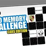 Nápis Logo Memory Challenge Cars Edition obklopený logy automobilových značek jako Porsche, Renault a další