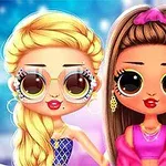 Dvě stylizované postavičky s velkýma očima, blond a hnědé vlasy, barevné oblečení, na barevném pozadí