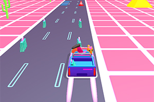Auto jedoucí po silnici v barevném, futuristickém prostředí s růžovými dlaždicemi a kaktusy na okraji